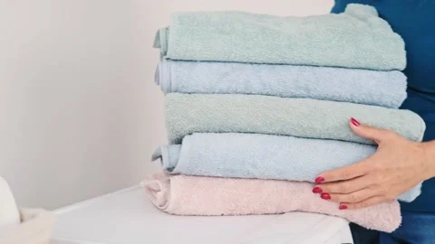 Clean towels in stack after washing Stock Footage 148102933