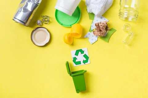 Clean trash to recycle in small bin metal, plastic paper and glass. Recycling Stock Photos