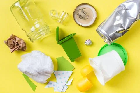 Clean trash to recycle in small bin metal, plastic paper and glass. Recycling Stock Photos