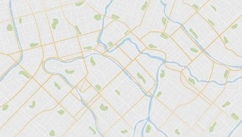 Clean urban map background featuring river, green parks, and street network for Stock Illustration