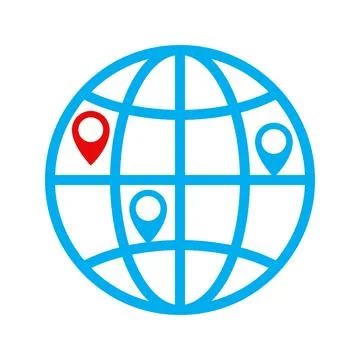 Clean vector icon of a blue globe grid with location map pins, featuring one  Illustrazione stock