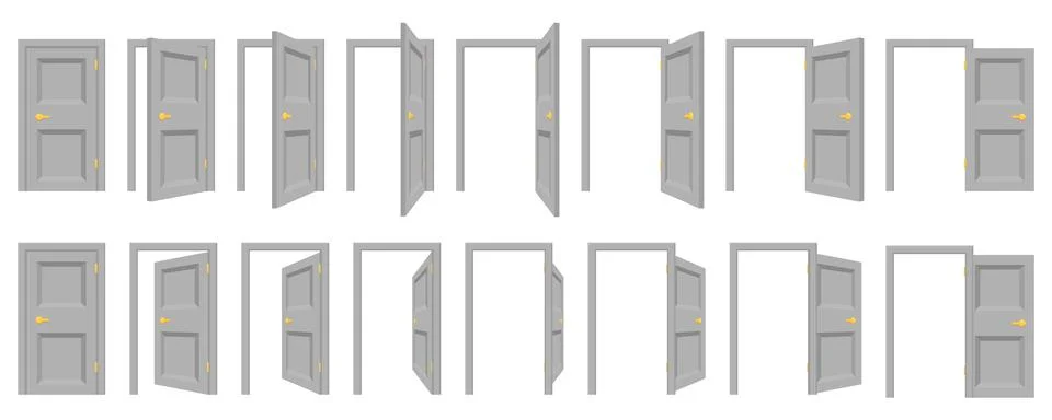 A clean vector icon set showing a door opening and closing sequence. Ideal .. Stock Illustration