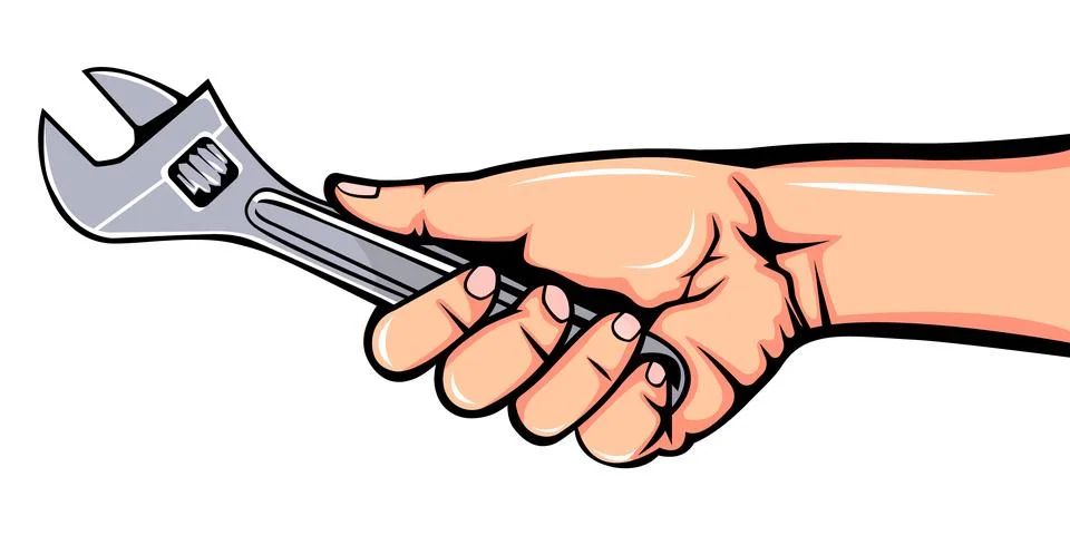 Clean vector illustration featuring a human hand holding an adjustable wren.. Illustration