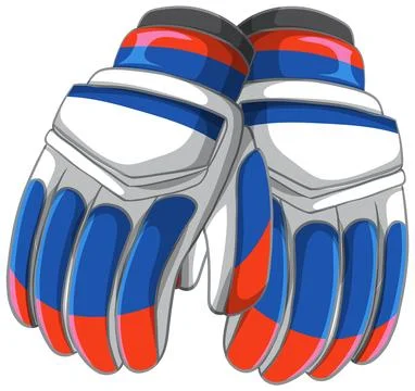 Clean vector illustration of padded cricket batting gloves with blue, red, an Stock Illustration
