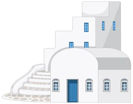 Clean vector illustration of a white Mediterranean building with blue accents Illustrazione stock