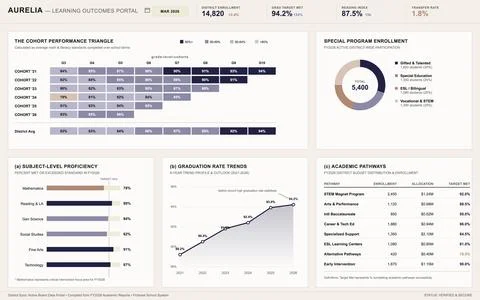 A clean vector interface displaying academic proficiency, graduation trends,  Illustrazione stock