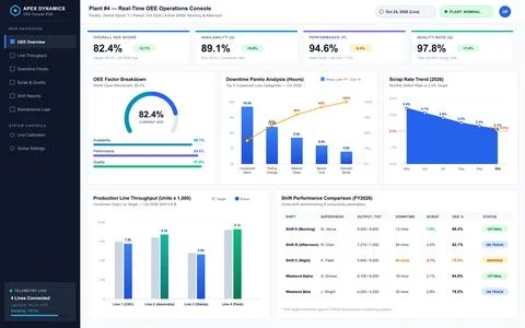 A clean vector interface showing factory production metrics, downtime analysi Stock-Illustration