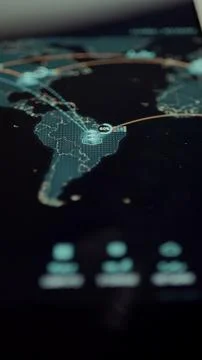Clean vertical overview of a world network map links illuminated data Stock Photos