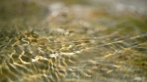 Clean water from a mountain river flows over rocks and sunlight effects (bokeh) Video stock 212731603