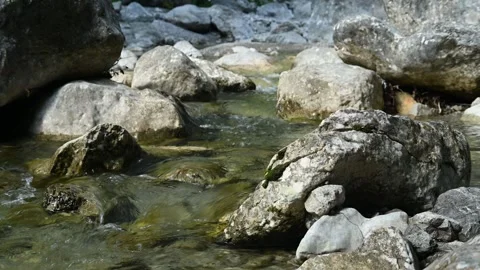 Clean water runs between rocks of a mountain stream 스톡 동영상 260834337
