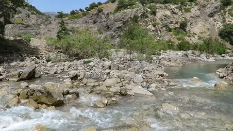 Clean water stream flow between the rocks and bushes and the mountains Stock Footage 111605931