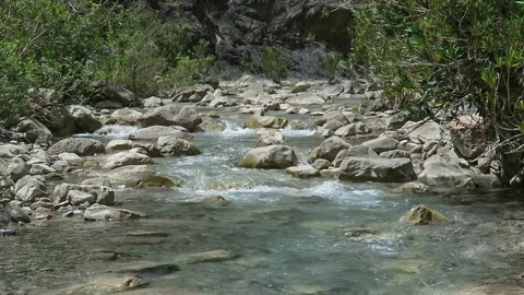 Clean water stream flow between the rocks and bushes and the mountains Stock Footage 111608937