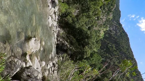 Clean water stream flow between the rocks and bushes and the mountains Stock Footage 111633212