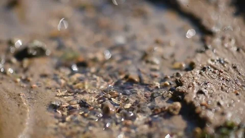 Clean water stream flows through the sand and glare in the sun Video stock 78931555