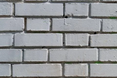 Clean white brick facade with grout, narrow horizontal joints, faint green .. Stock Photos