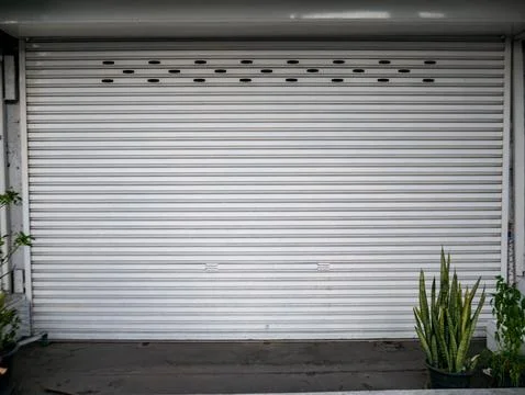 Clean white closed metal roller shutter door of a shophouse with snake plan.. Stock Photos
