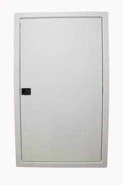 Clean White Electrical Fuse Box Door with Simple Black Handle Against White Stock Photos
