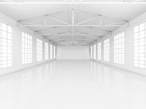 Clean white empty warehouse with windows Ilustración de archivo