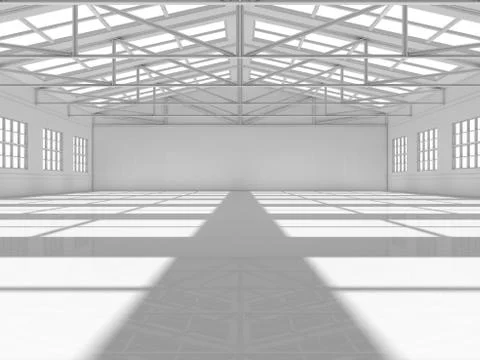 Clean white empty warehouse with windows Ilustración de archivo