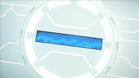 Clean, white futuristic interface with a central screen displaying flowing blue Stock Footage 328988366