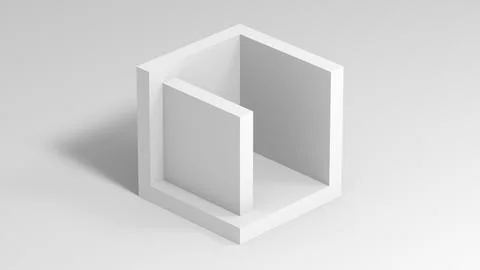 A clean white geometric cube features an inner partition, 3d installation 스톡 일러스트