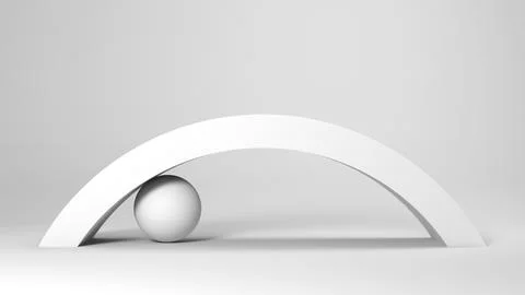 A clean, white scene features a curved white arch hovering above a small sp.. Ilustração Stock