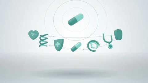 Clean white studio arc of medical icons linked above a capsule core seamless Видео 342711773
