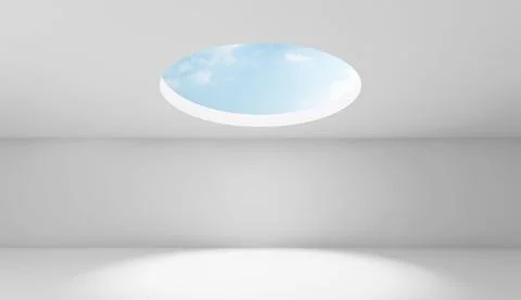 A clean white studio space features a round skylight that frames a clear bl.. Stockillustratie