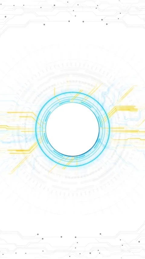 Clean white tech circle background cyan HUD rings, circuit traces, yellow data l Stock Footage 340412427