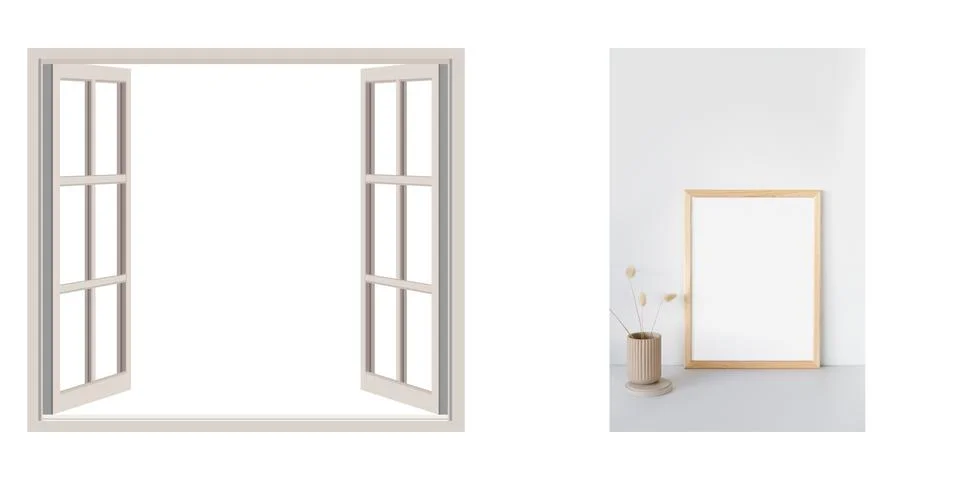 Clean Wood square shape windows 3 angles front view 3d illustration Ilustración de archivo