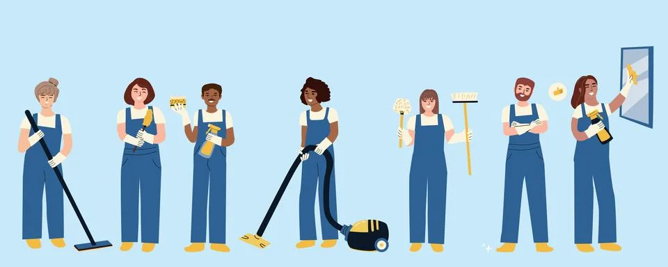 Clean workers with homework tools. Vector illustration in flat style Stock Illustration