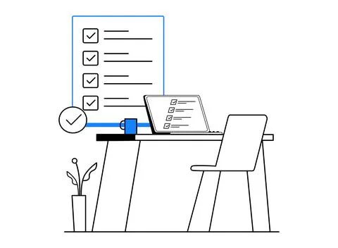 Clean workspace with checklist vector, Laptop and desk illustration, Organize Stock-Illustration