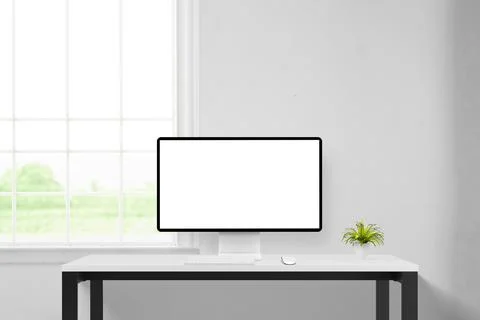 Clean workspace with computer display mockup, isolated for web page promotion Stock Photos
