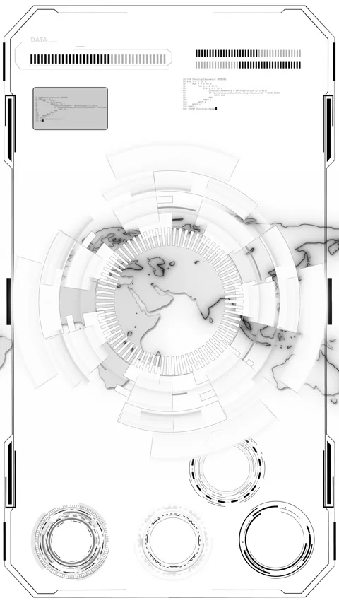 Clean world data dashboard with gray map lines, circular HUD elements, security Stock Footage 334126023
