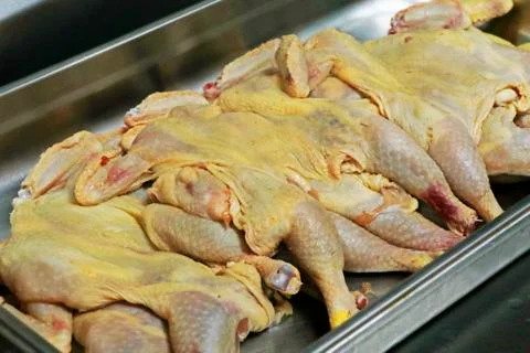 Cleaned dressed corn fed yellow chicken in a butchery Stock Photos