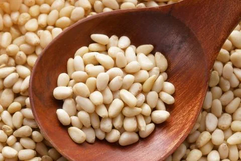 Cleaned pine nuts. Pine nut kernels lie in wooden spoon. Top view of nuts close Foto stock