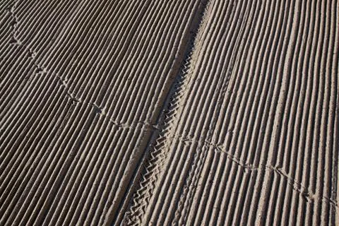 Cleaned by a tractor sand on the Mediterranean beach in the morning. Tracks o Stock Photos