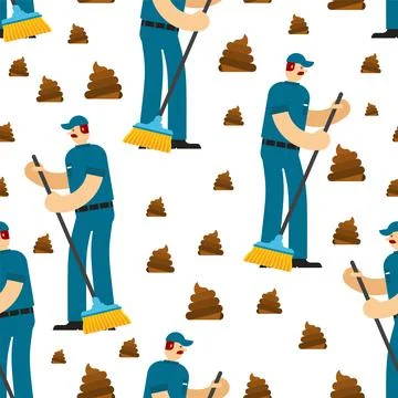 Cleaner with broom cleans shit pattern seamless. janitor background Stock Illustration