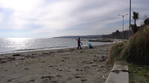 The cleaner collects garbage on the beach Video stock 147465022