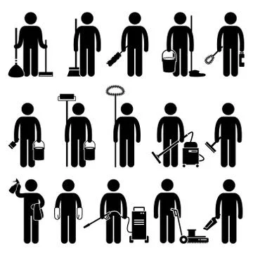 Cleaner Man with Cleaning Tools and Equipments Stick Figure Pictogram Icons Illustrazione stock