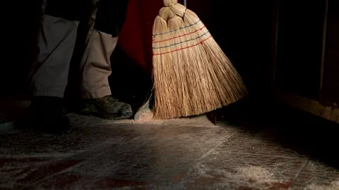 Cleaner sweeps sawdust from the floor while cleaning the dog cage. Stock-Footage 336657185