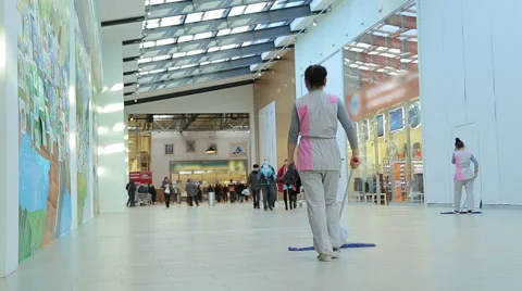 Cleaners working at the mall Stock Footage 44751367