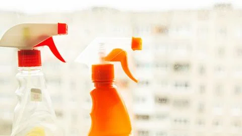 Cleaning agent on the windowsill Stock Photos