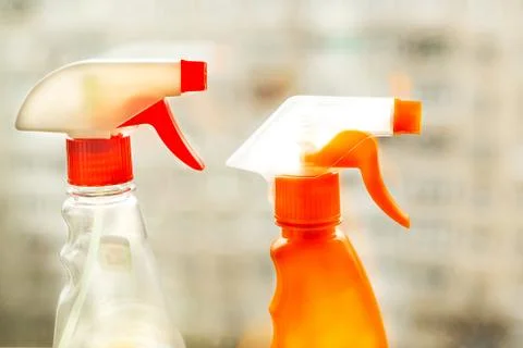 Cleaning agent on the windowsill Stock Photos