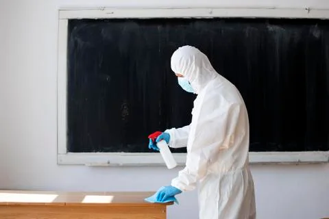 Cleaning and disinfection school class to prevent COVID-19.M Stock Photos