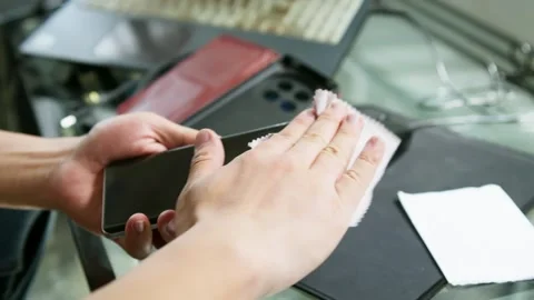 Cleaning and maintaining a smartphone screen. Stock-Footage 332318295