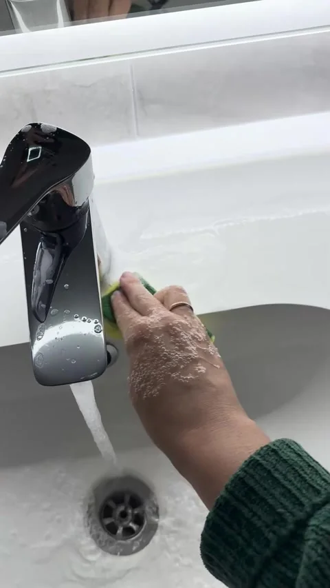 Cleaning a bathroom faucet with a sponge without protective gloves, close-up Stock Footage 288240855