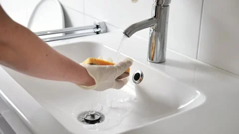 Cleaning the bathroom. Sink cleaning process. Stock Footage 264118751