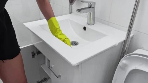 Cleaning a bathroom sink while wearing bright yellow gloves is a very important Stock Footage 282727257