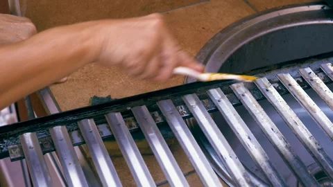 Cleaning a BBQ Grill with a Toothbrush Stock Footage 287814080